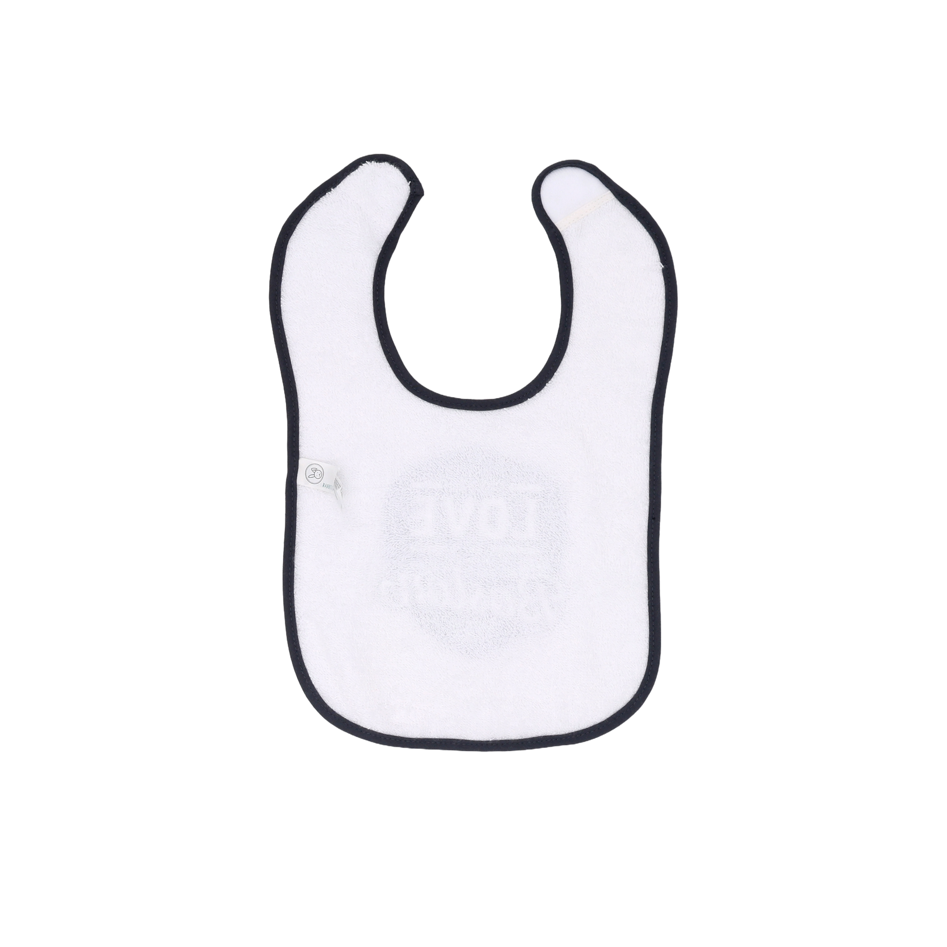 This white bib with navy blue trip has velcro for attachment.