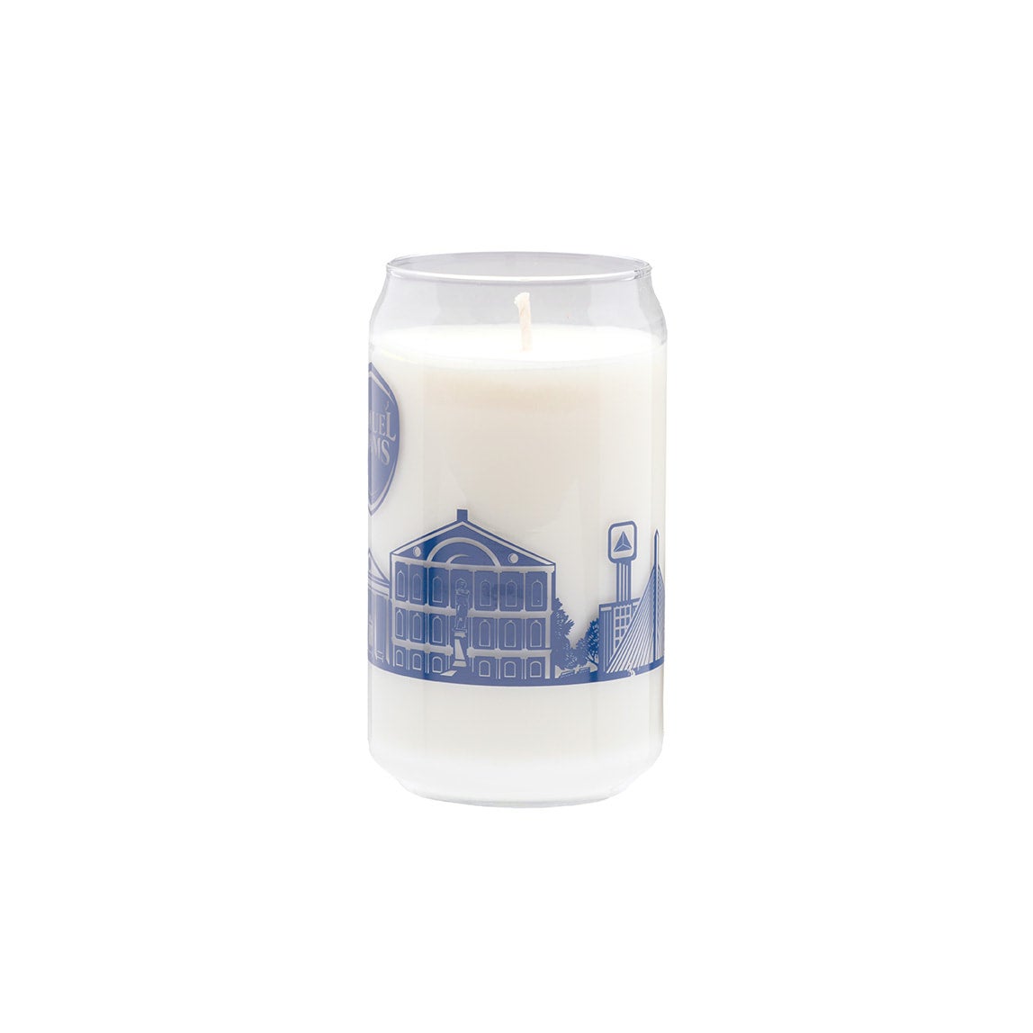 This can-shaped glass has a navy illustration of the Boston skyline around the outside of it with the Samuel Adams classic shield logo above it. The glass is filled with a white wax candle.