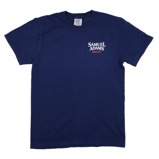 This navy tee shirt has the classic Samuel Adams logo on the front top left in white and red.