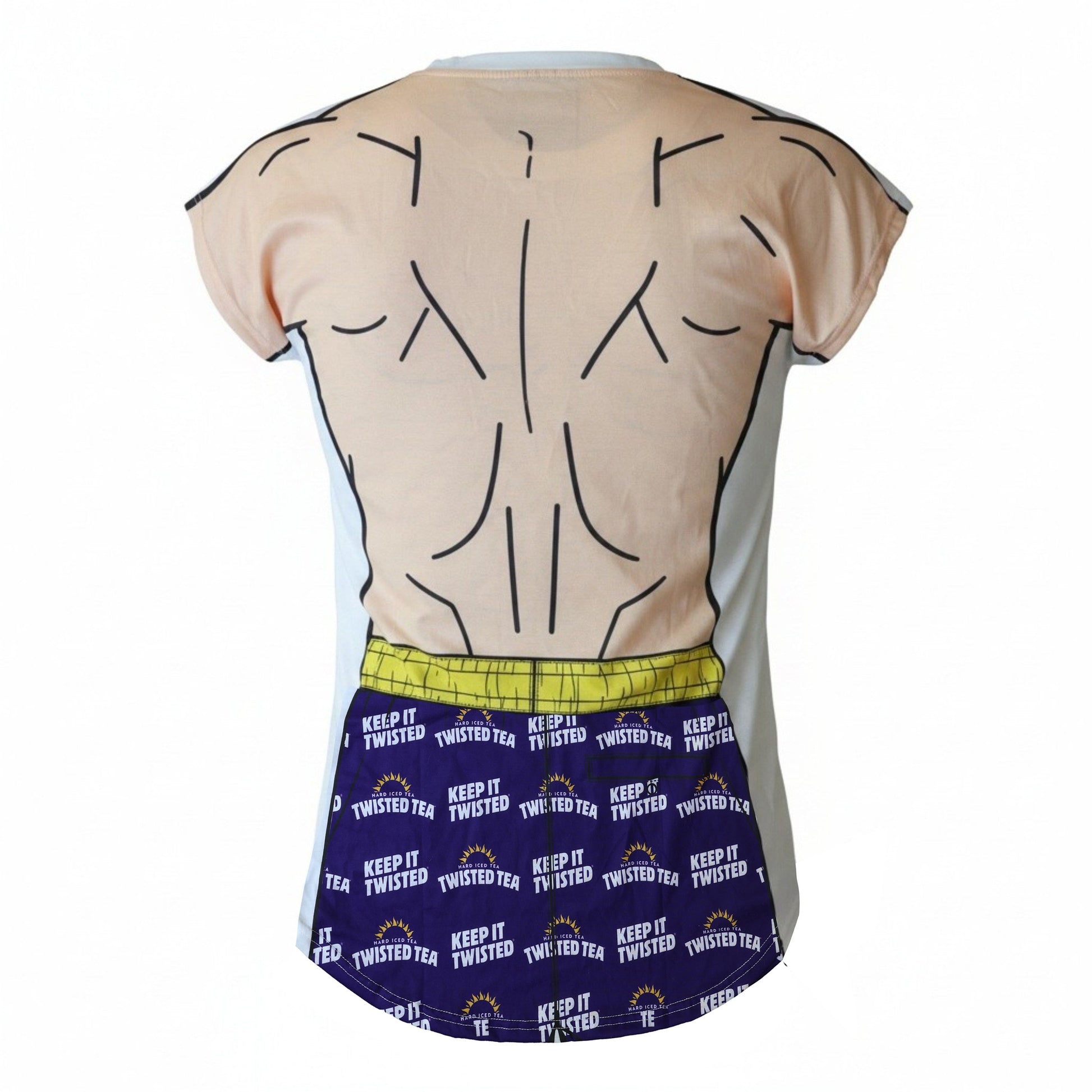 Twisted Tea swim cover-up dress back view with cartoon muscle print and ‘Keep It Twisted’ shorts design