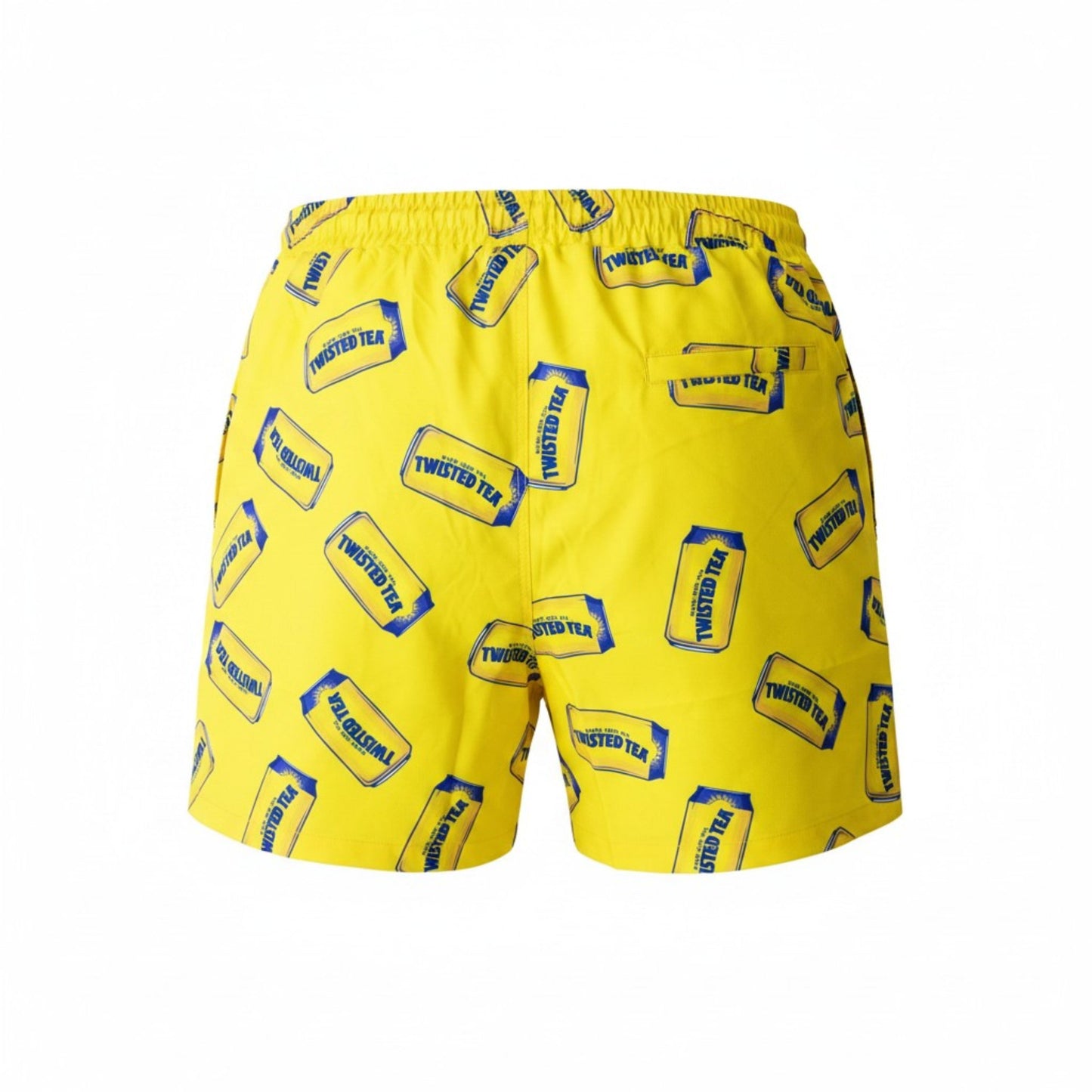 Yellow Twisted Tea swim trunks with allover can print, back view featuring elastic waistband and rear pocket