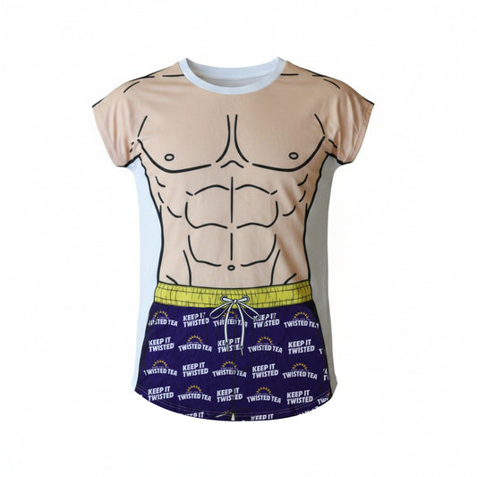 Twisted Tea swim cover-up front view with cartoon muscle chest graphic and ‘Keep It Twisted’ branded shorts print