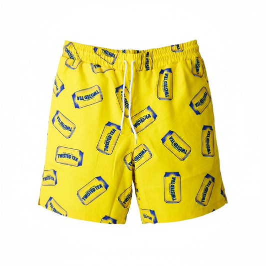 Twisted Tea swim trunks in yellow with can print, front view showing adjustable drawstring waistband