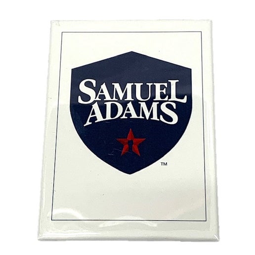 White rectangle magnet with a navy samuel adams shield logo and red star 
