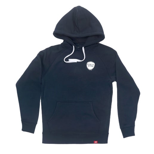This Olsen hoodie is a midnight navy blue with white hood laces and the classic Samuel Adams shield logo on the top left side of the chest.