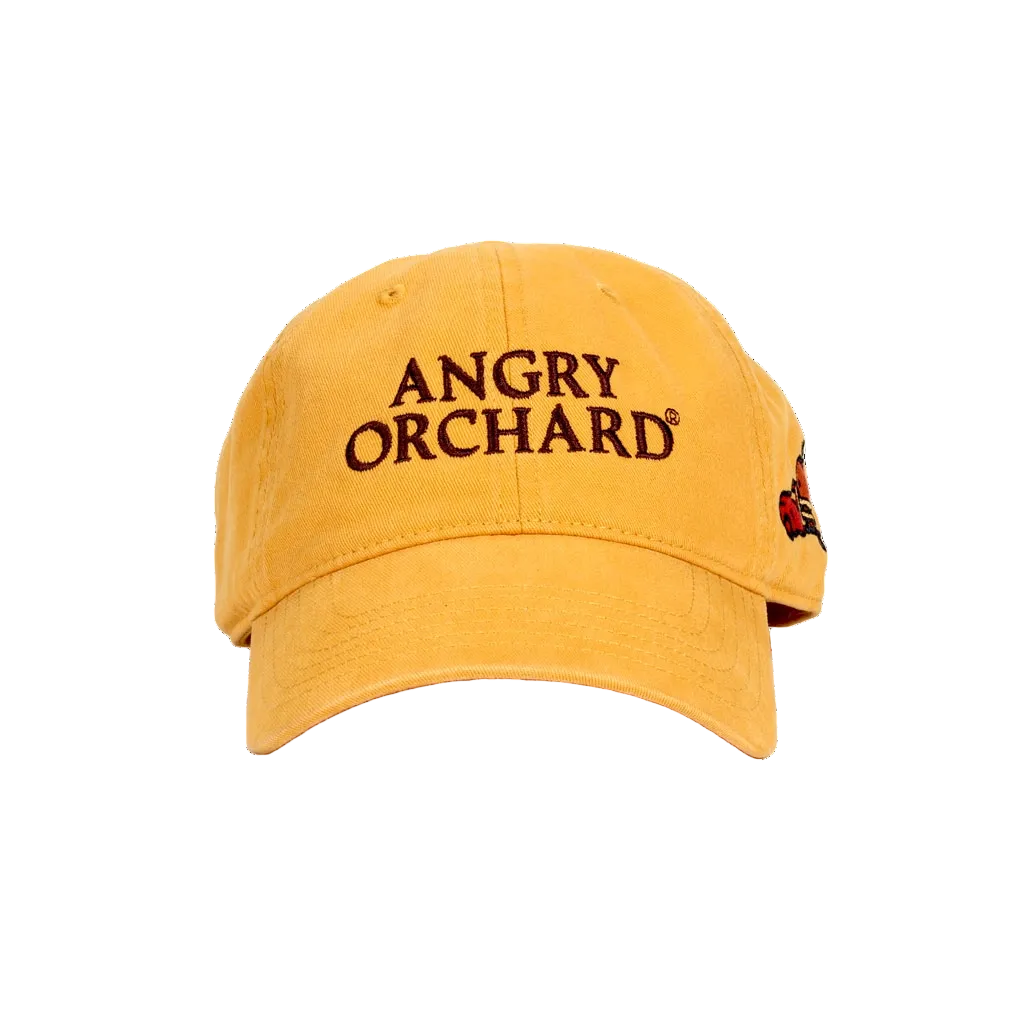  Mustard yellow Richardson Truck Dad hat with an Angry Orchard logo in brown embroidered text