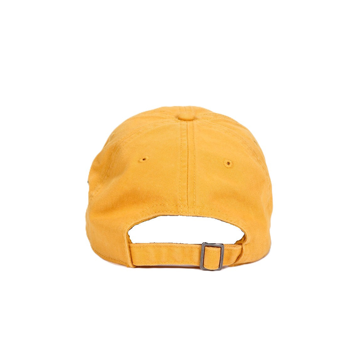 Backside of Mustard yellow Richardson Truck Dad hat with an Angry Orchard logo in brown embroidered text