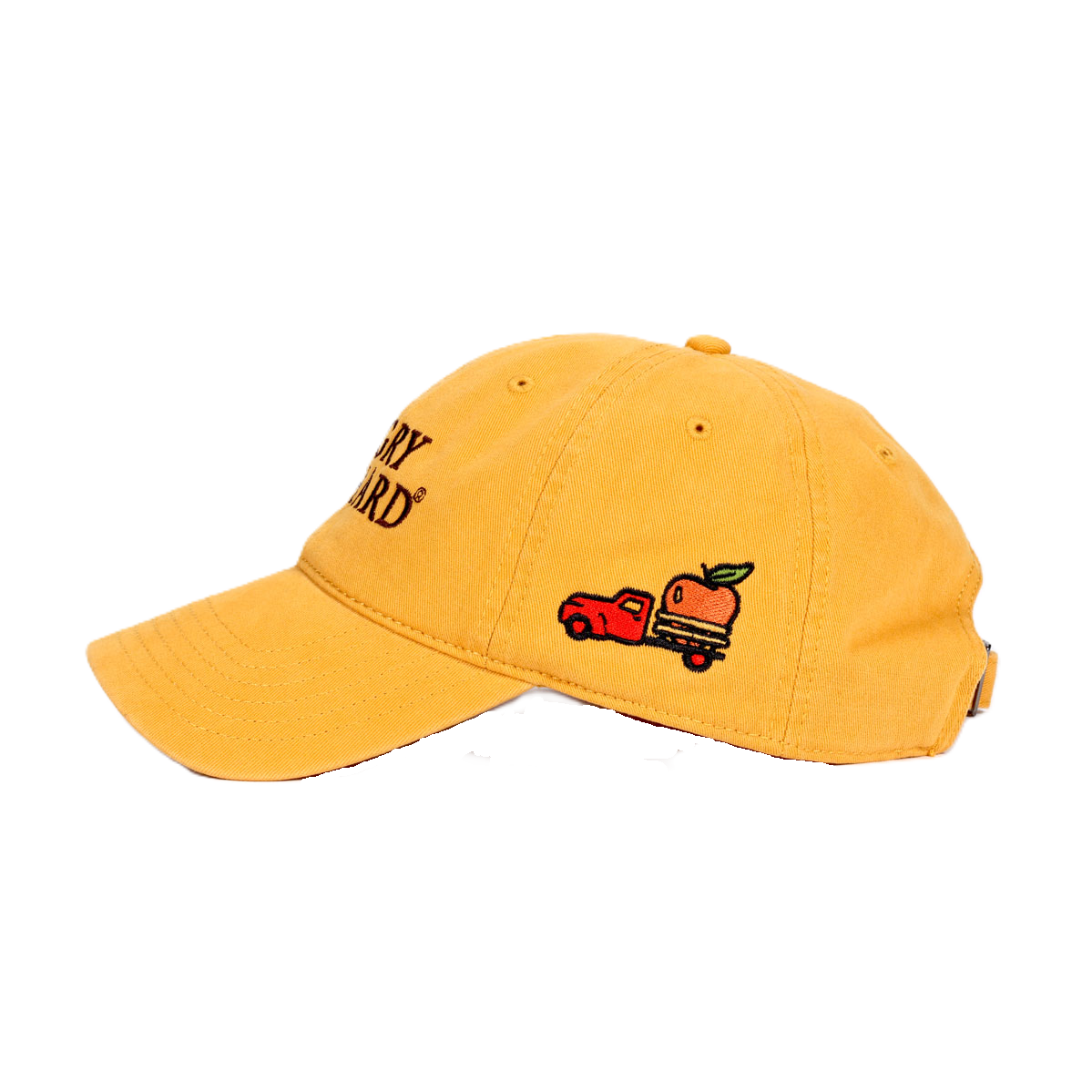 Sideview of Mustard yellow Richardson Truck Dad hat with an Angry Orchard logo in brown embroidered text. The side is the left side, showing a small embroidered patch of a red truck carrying a big apple 