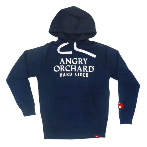 Front of navy hoodie features centered writing "Angry Orchard Hard Cider" in white. On left sleeve by wrist is the Angry Orchard red bitten apple logo. 