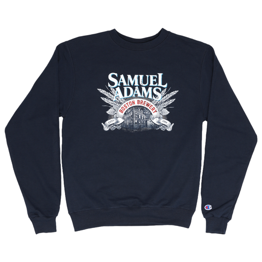 A navy Champion base crewneck features the Boston Brewery mural artwork.