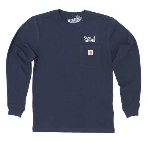Samuel Adams-branded Navy Carhartt Long Sleeve Pocket Tee with Rib-knit crewneck and cuffs. Left-chest pocket feature with sewn-on Carhartt patch and Samuel Adams logo above.