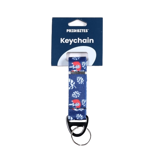 A navy blue fabric keychain that measures 6.75" x 1" with the Sam Adams hoist logo and hops icon.