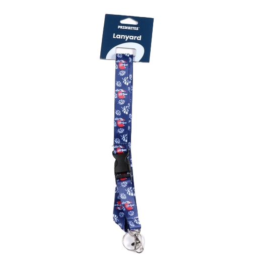This navy blue lanyard measures to about 23" x 1" and features the Sam Adams hoist logo and hops icons scattered over it.