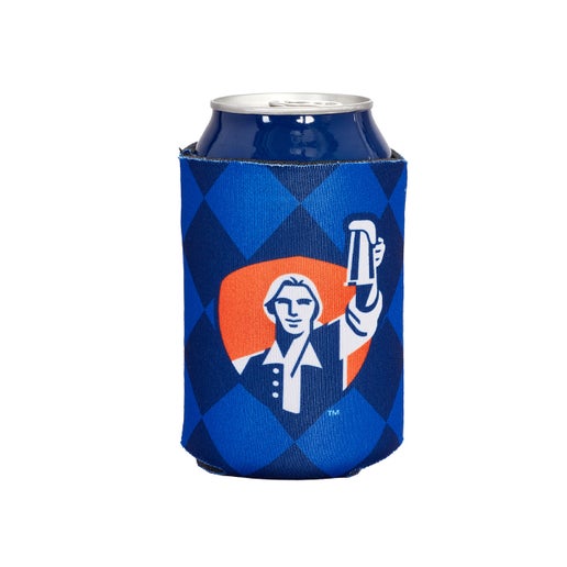This navy Octoberfest-themed can cooler holds up to a 12oz can and has blue diamonds as a background with the Sam Adams classic hoist/cheers logo over it.