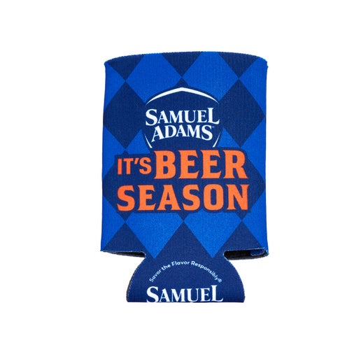 This navy Octoberfest-themed can cooler holds up to a 12oz can and has blue diamonds as a background with the Sam Adams classic hoist/cheers logo over it.