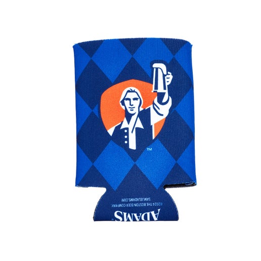 This navy Octoberfest-themed can cooler holds up to a 12oz can and has blue diamonds as a background with the Sam Adams classic hoist/cheers logo over it.
