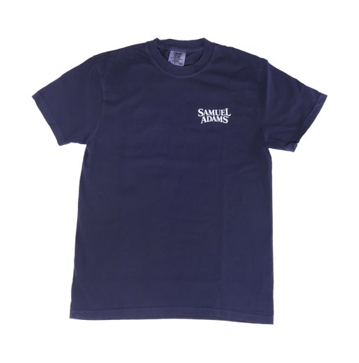 Navy short sleeve tee shirt with a white samuel adams logo on the left chest