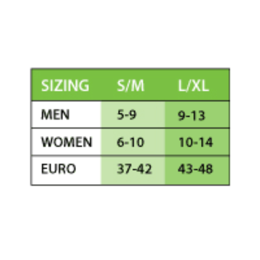 S/M fits US men's size 5-9, US women's size 6-10 and EURO size 37-42. L/XL fits US men's size 9-13, US women's size 10-14, and EURO size 43-48