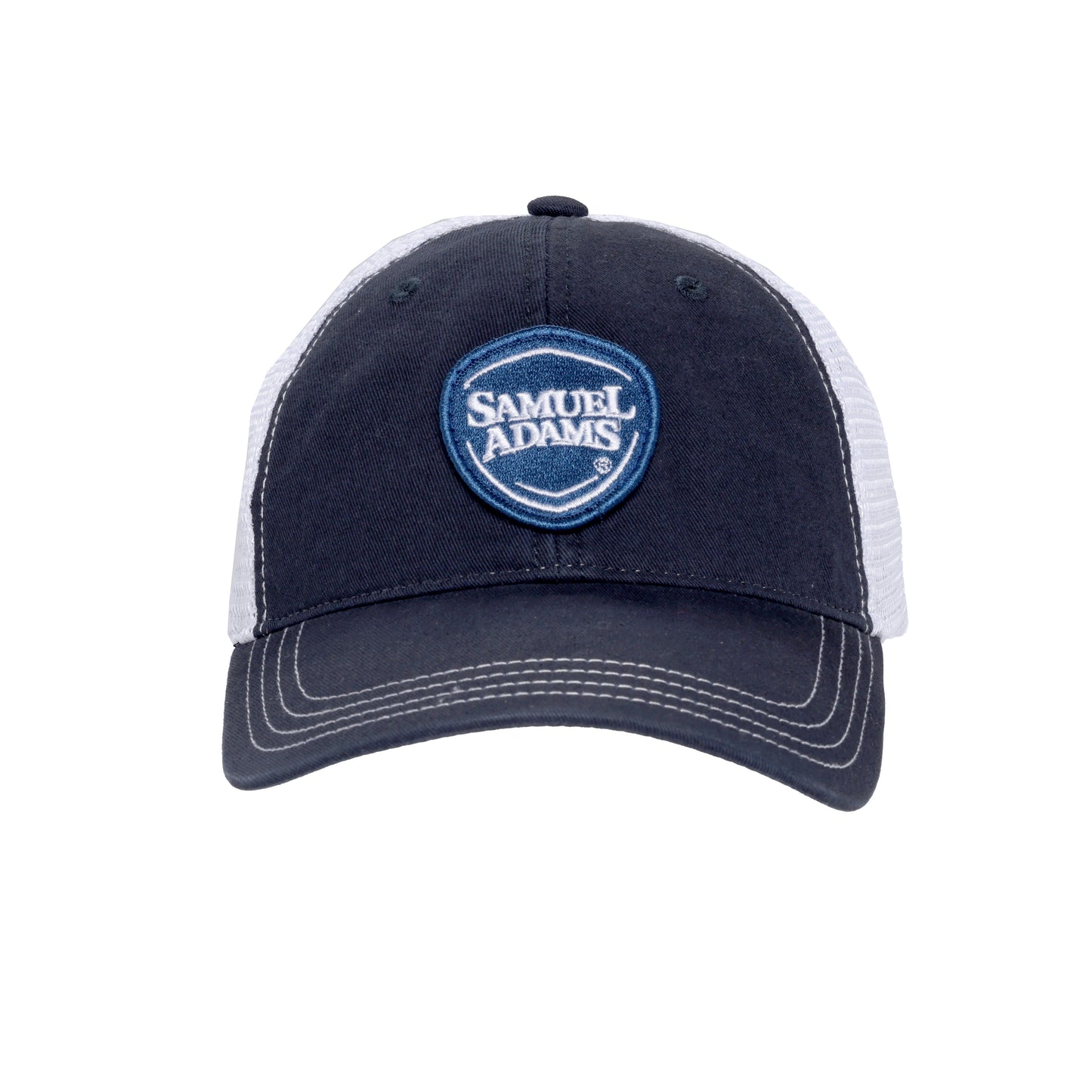Front view of the RICHARDSON Navy Washed Core Trucker with an embroidered Samuel Adams Patch and adjustable back strap.