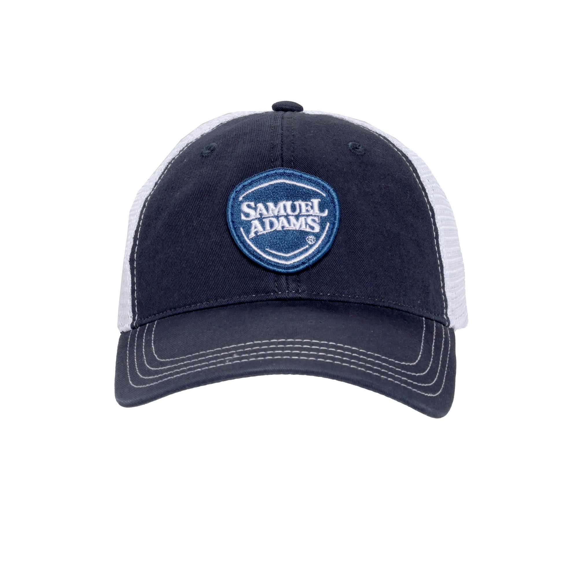 Front view of the RICHARDSON Navy Washed Core Trucker with an embroidered Samuel Adams Patch and adjustable back strap.