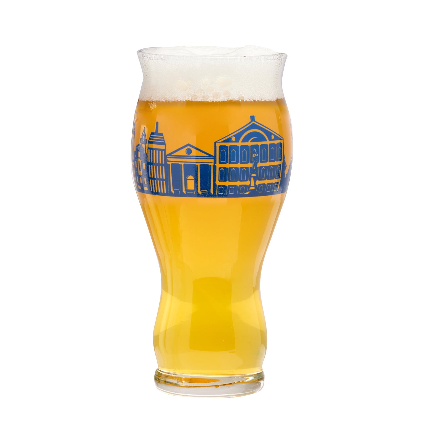 Glass features wraparound Boston skyline in blue.