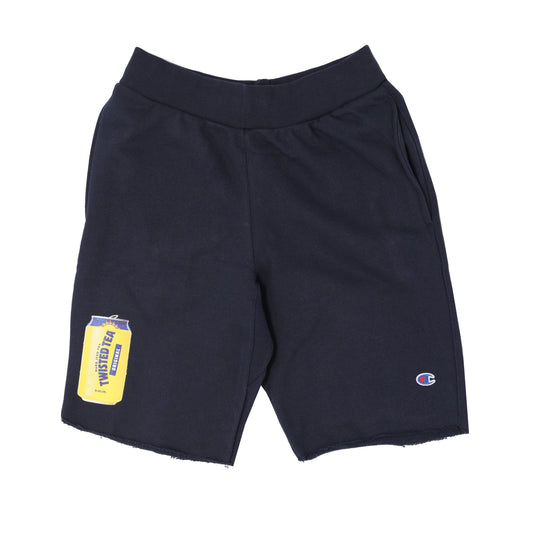 Navy shorts with a yellow can design on a white background