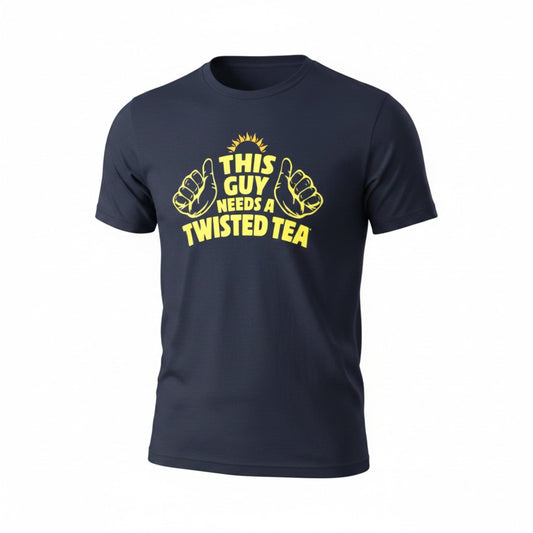 Navy blue t-shirt with yellow text and graphics on a white background
