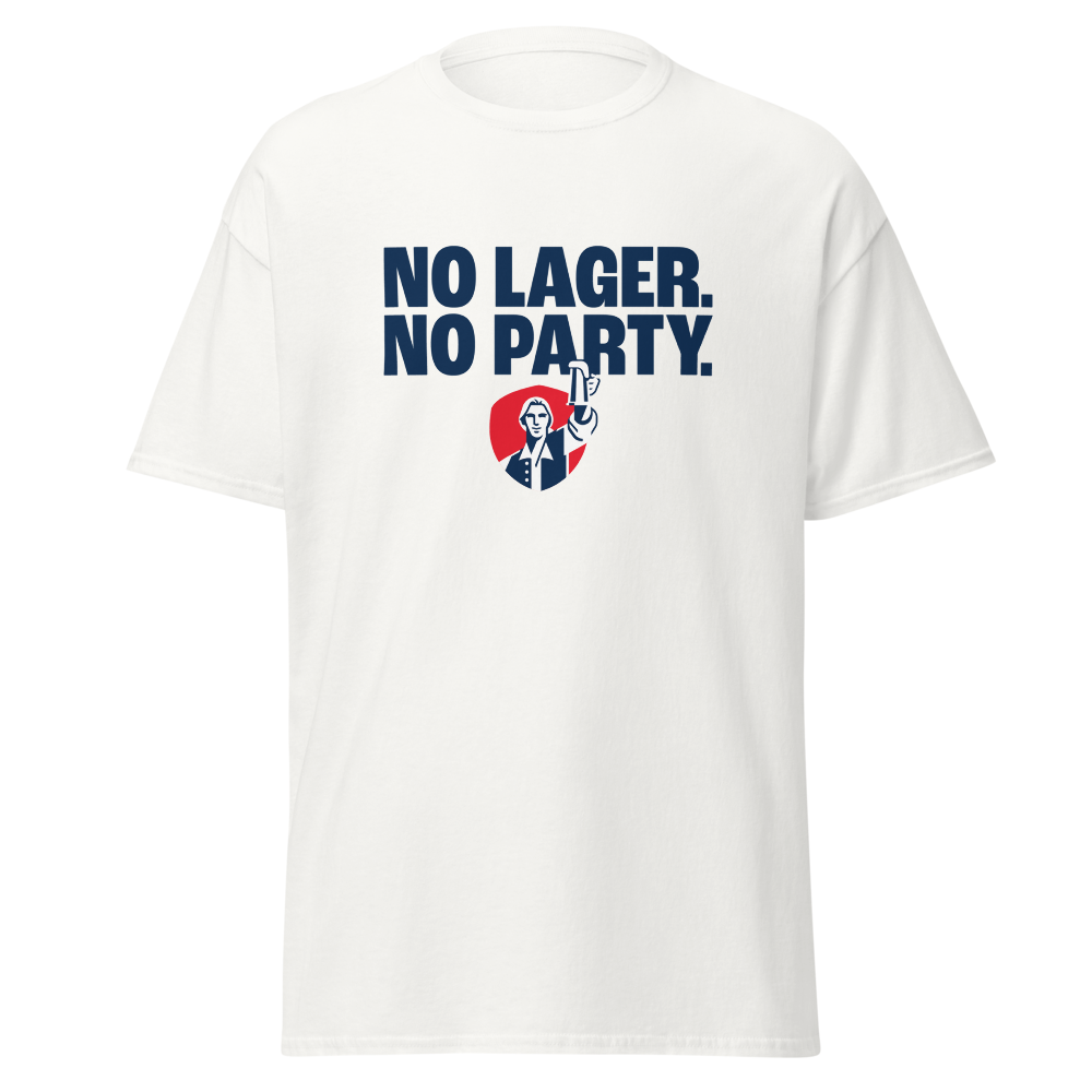 white tee on white background with text no lager. no party.