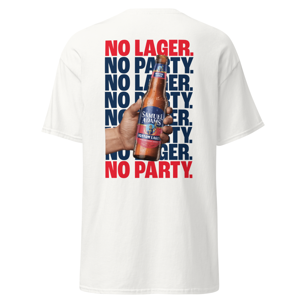 back view of white tee on white background with repeating words no lager. no party