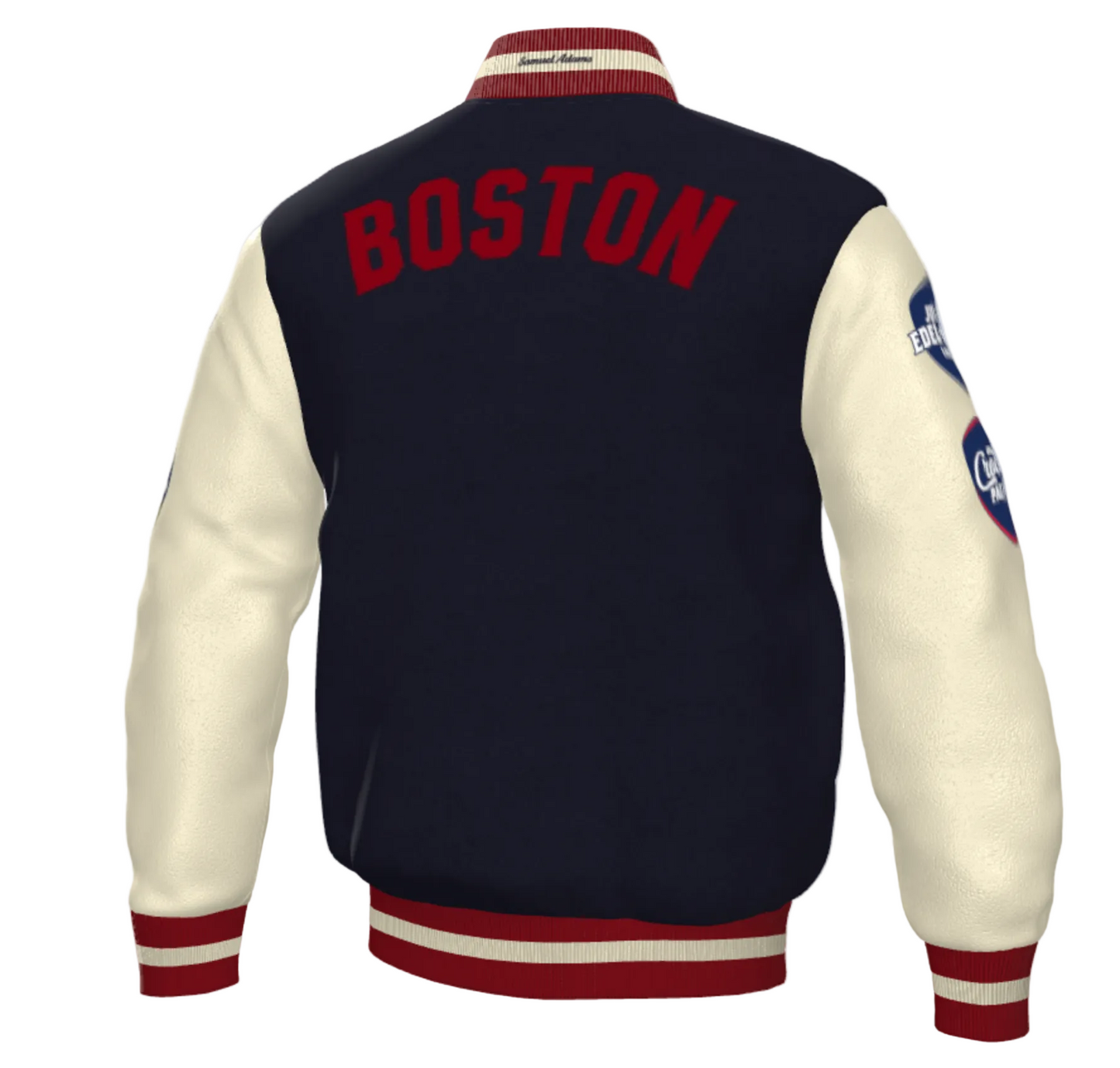 Navy and white varsity jacket with 'Boston' on the back, on a white background