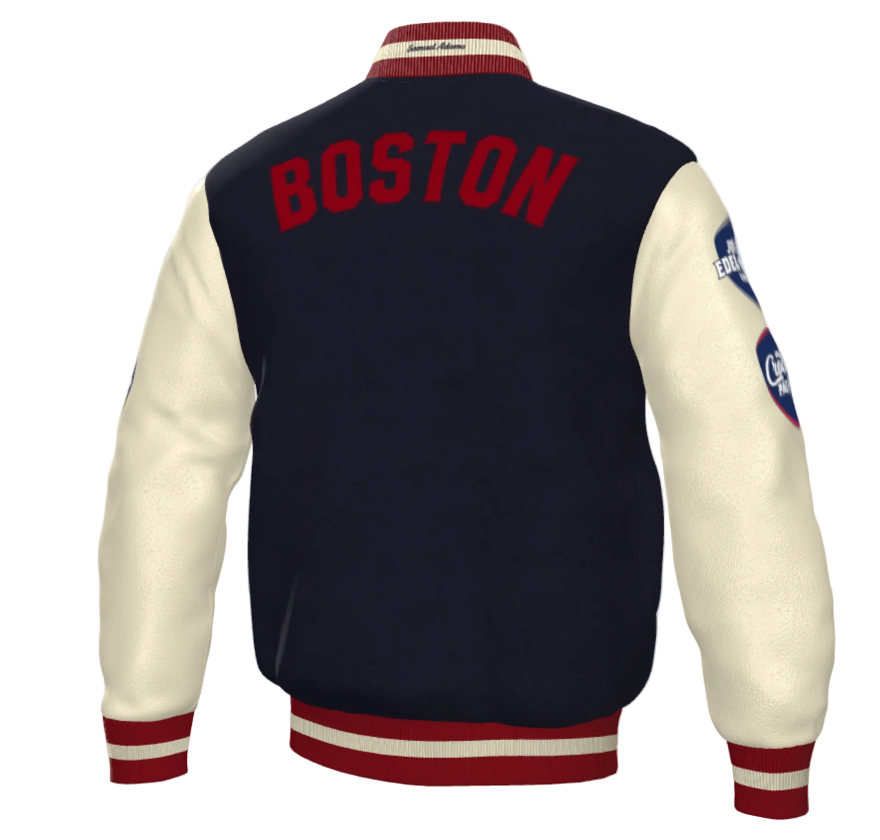 Navy and white varsity jacket with 'Boston' on the back, on a white background