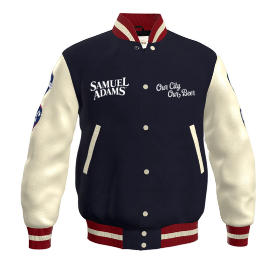 Navy and white varsity jacket with 'Samuel Adams' branding on white background