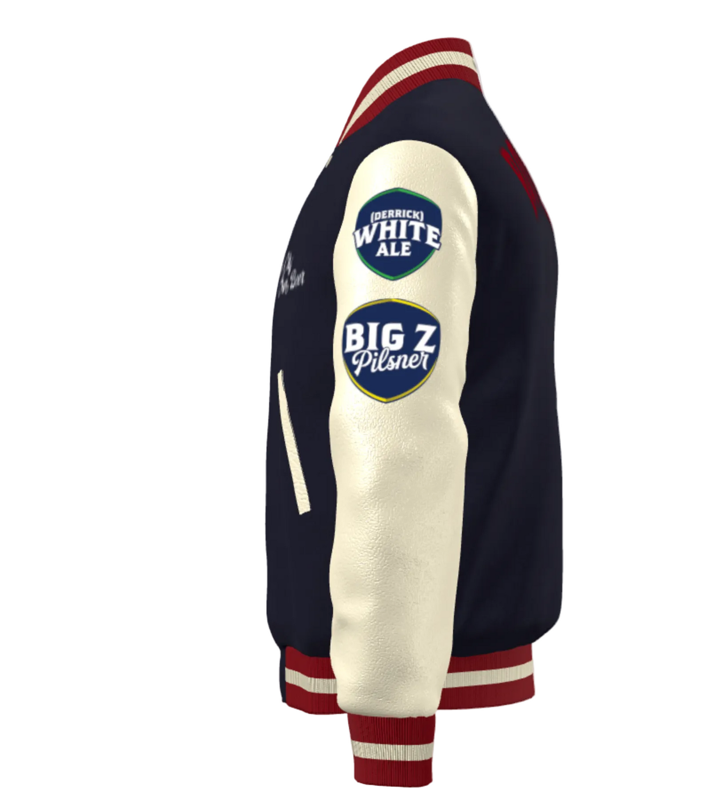 Varsity jacket with 'Big Z' and 'Dierks White Ale' logos on a white background