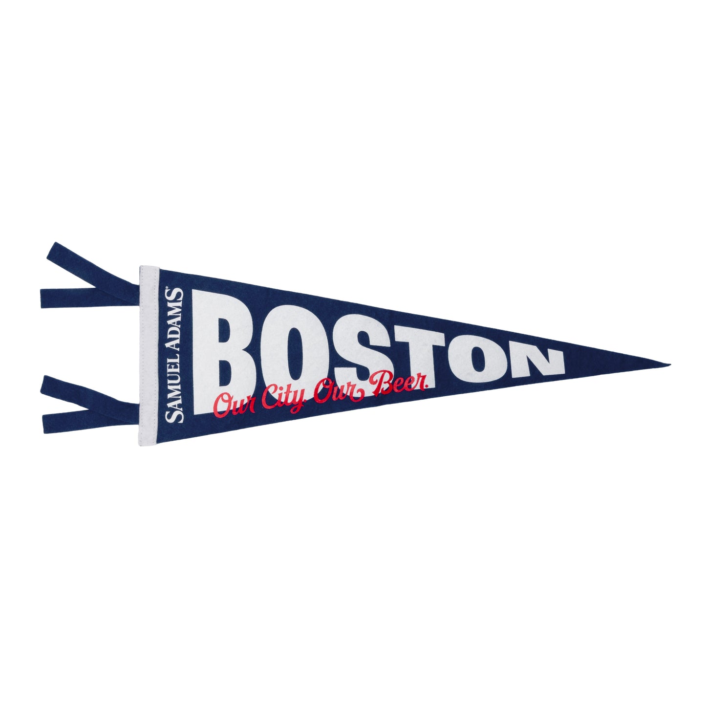 Samuel Adams Boston pennant with text on a white background