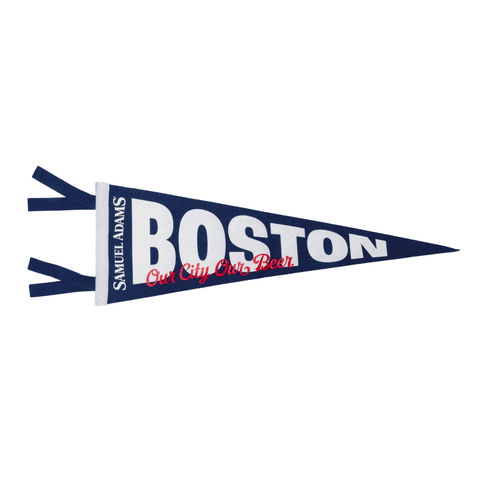 Samuel Adams Boston pennant with text on a white background