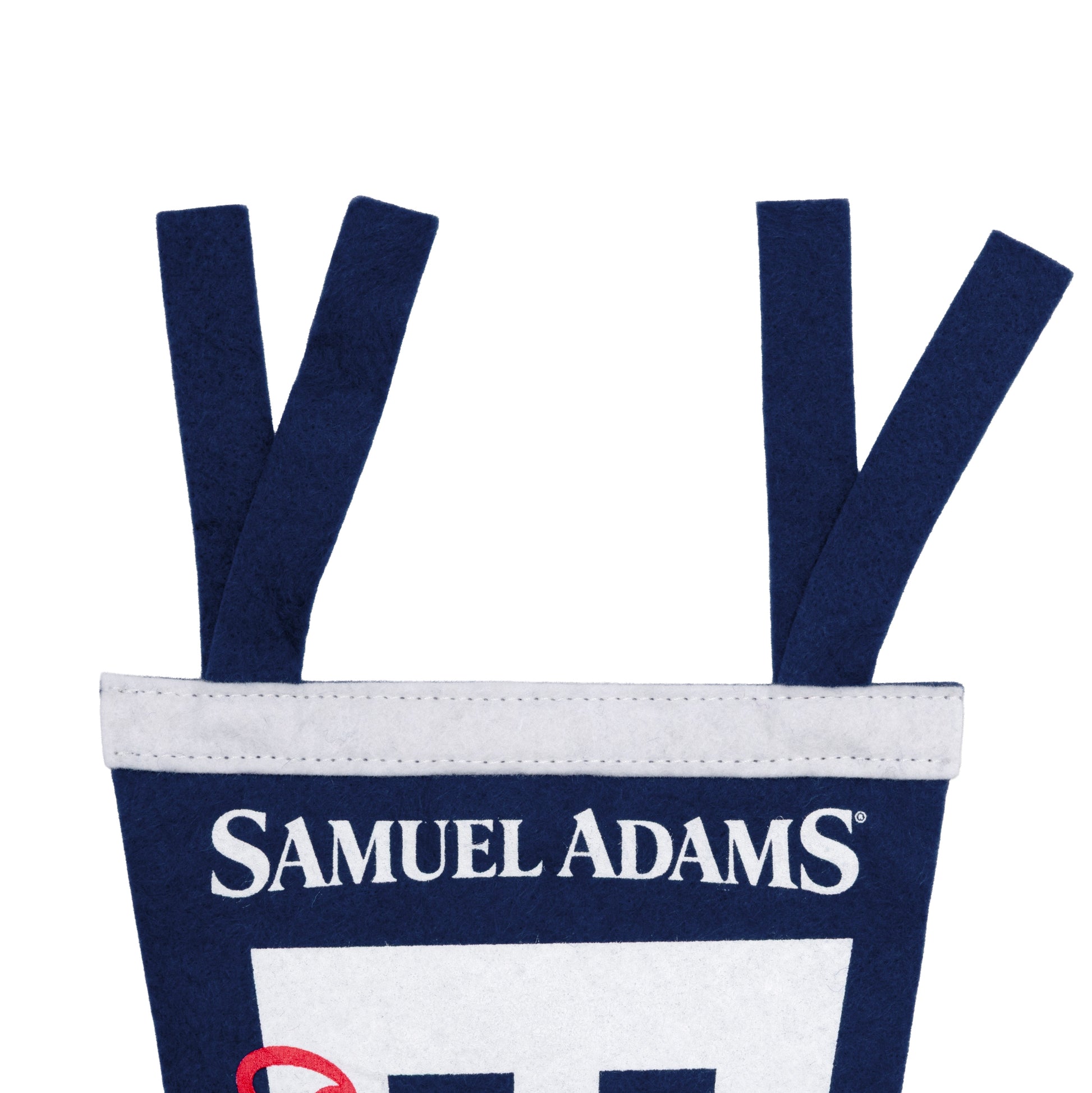 Samuel Adams logo on a blue and white banner with red accents