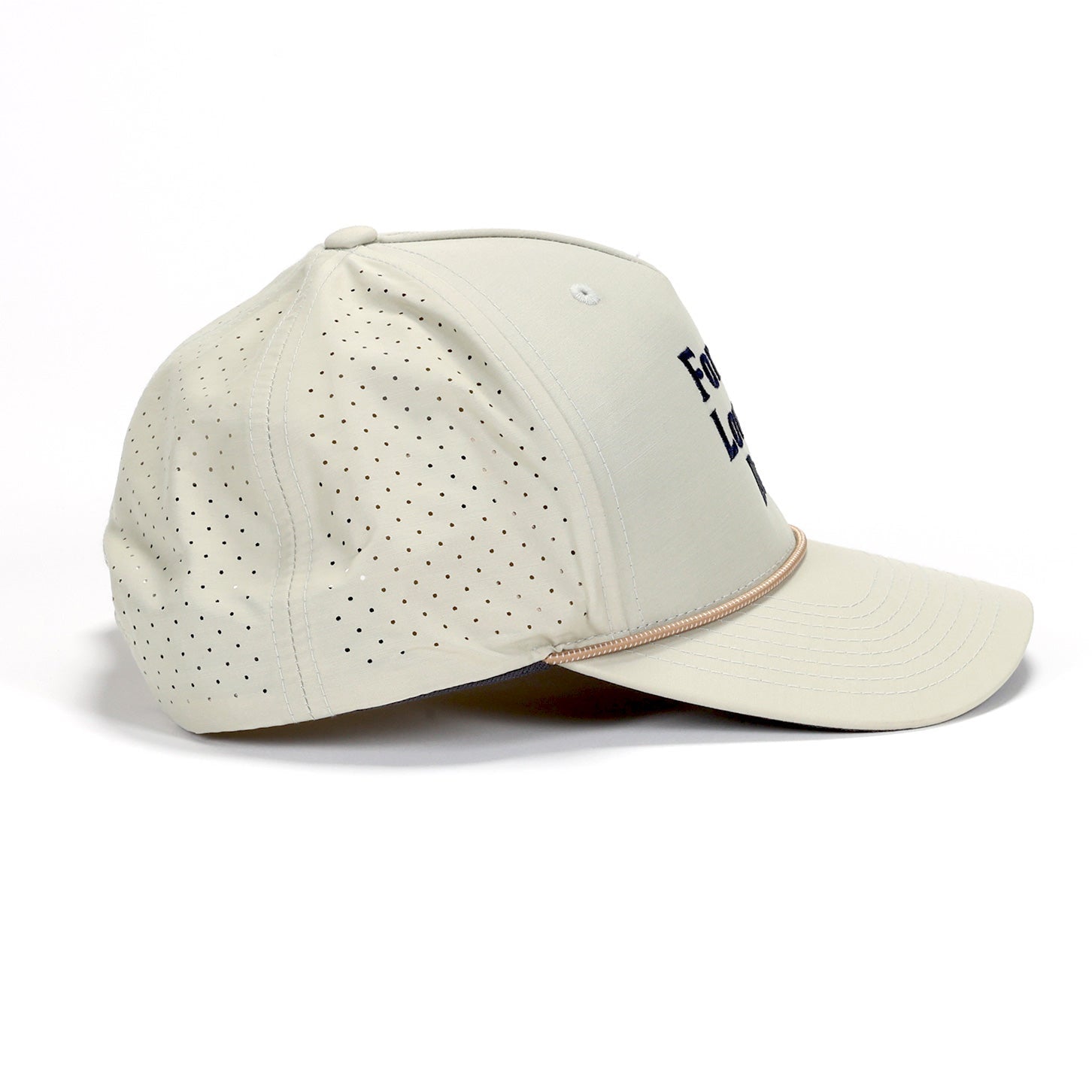 Side view of Oatmeal colored, navy embroidery athletic hat with "For the Love of Beer" styled on the front. Shows back panels with athletic mesh for a breathable fit. The hat features a rope lining the front two panels of the brim of the hat.