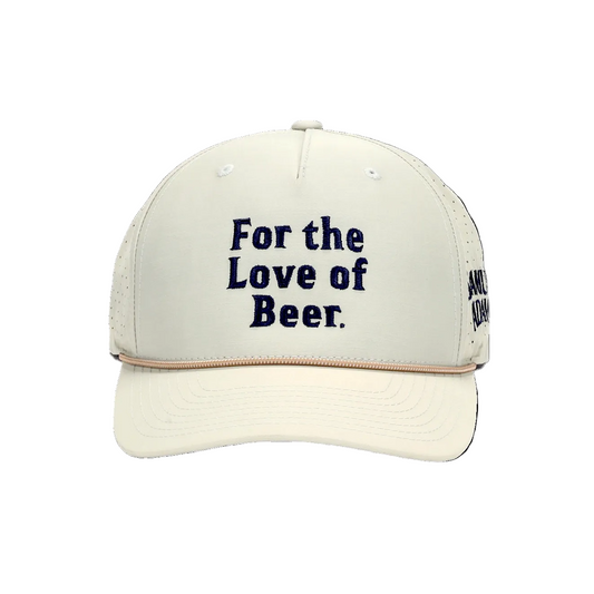 Beige cap with navy 'For the Love of Beer' text 