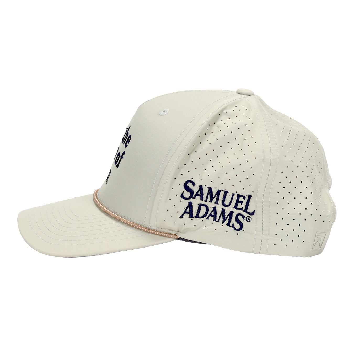 Side view of Oatmeal colored, navy embroidery Samuel Adams "For the Love of Beer" athletic hat. Left side view shows a Samuel Adams text logo in matching style. The hat features a rope lining the front two panels of the brim of the hat.