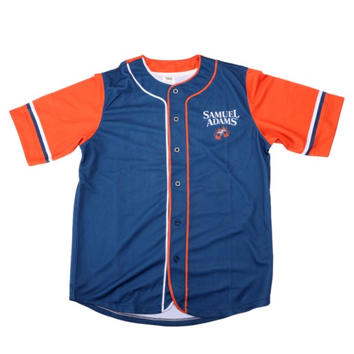 Front of navy jersey with orange sleeves, featuring writing "Samuel Adams" and two clinking beer steins underneath.