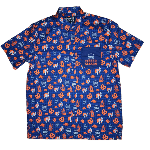 Blue button up short sleeve shirt designed with many small Samuel Adam shield logos, orange pretzels, and orange Octoberfest steins. Has a pocket on the left chest with a navy Samuel Adams shield logo and "It's BEER SEASON" in orange 