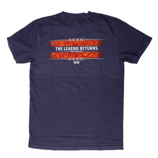 Back of navy tee features orange artwork with writing "The Legend Returns", "Brewed Since 1989", and "Samuel Adams".