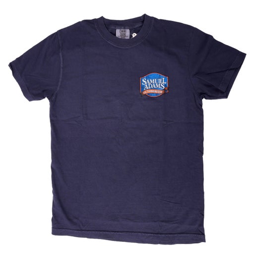Front of tee features Samuel Adams logo with written "Octoberfest" banner on logo, on left side of chest.