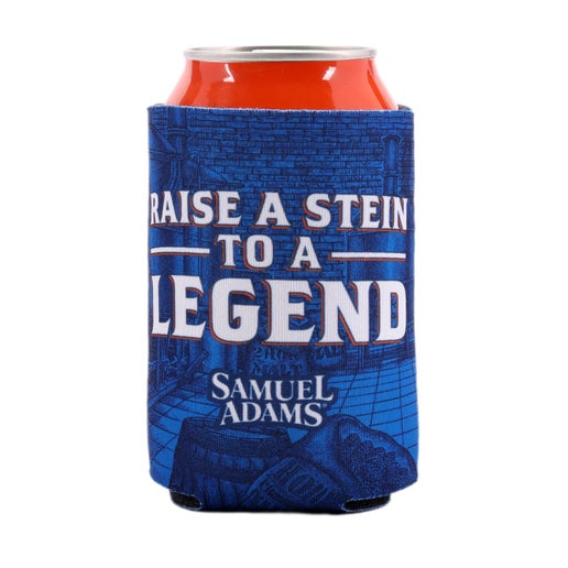 Blue can cooler with writing "Raise a Stein to a Legend" and "Samuel Adams" underneath.