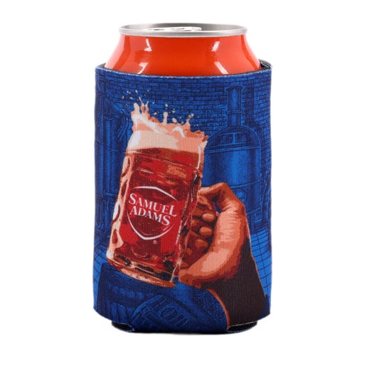 Other side of can cooler has imagery of a beer stein being hoisted.