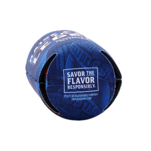 Bottom view of can cooler which has writing "Savor the favor responsibly".