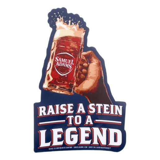 Sticker features a beer stein being hoisted with writing "Raise a Stein to a Legend".