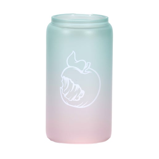 On one side of this glass is a white silhouette of the iconic Angry Orchard bitten apple. 