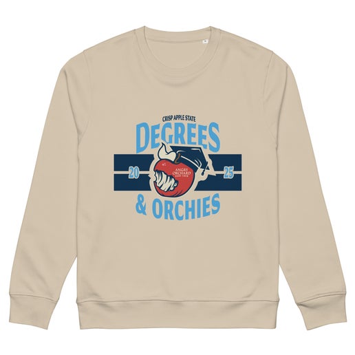 Crisp Apple State crewneck. Features on the front of sweater include: Angry Orchard red bitten apple wearing a graduation cap, and writing: "2025", "Crisp Apple State", and "Degrees & Orchies".