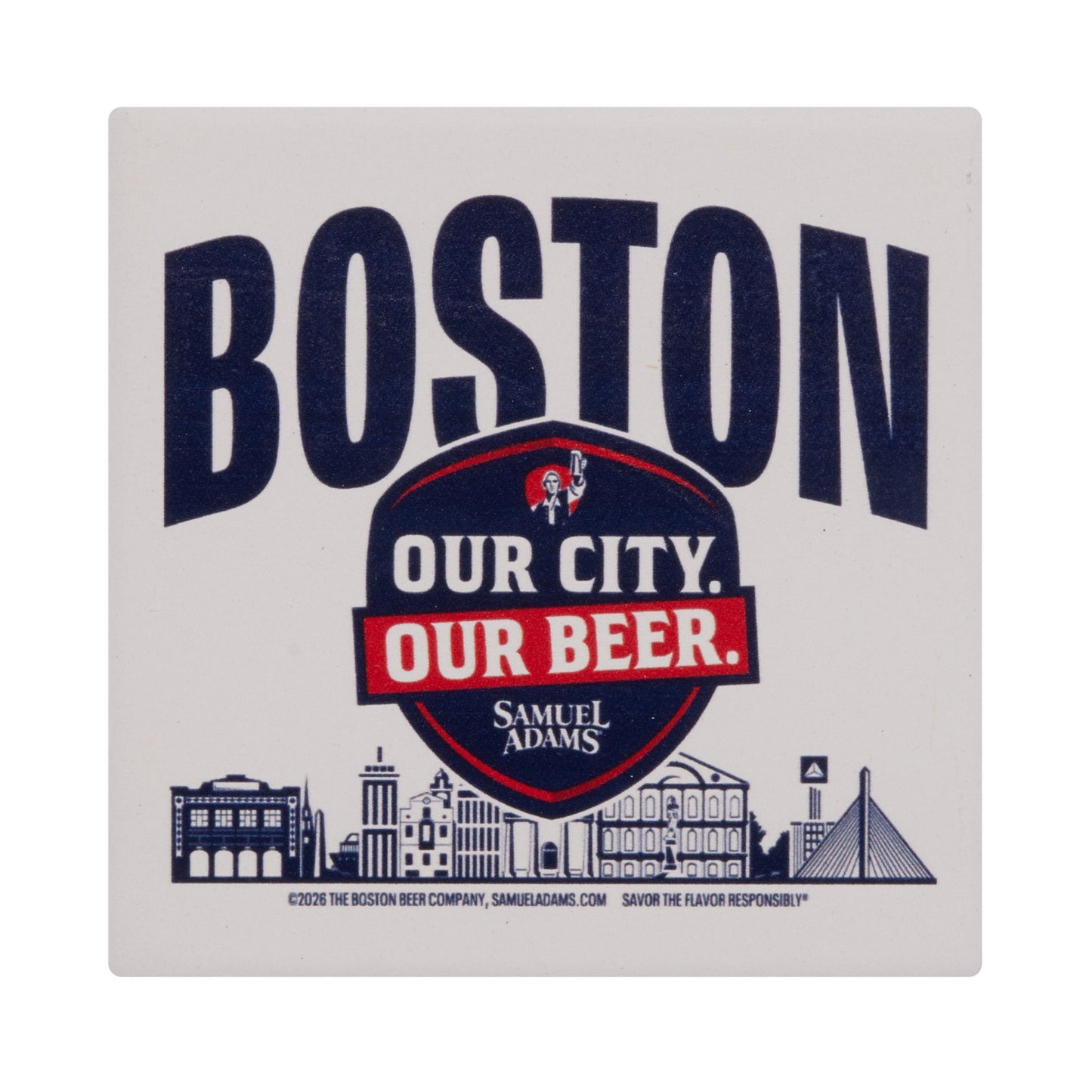 Boston coaster featuring “Boston Our City Our Beer” design with Samuel Adams branding and illustrated Boston skyline, square drink coaster on white background.